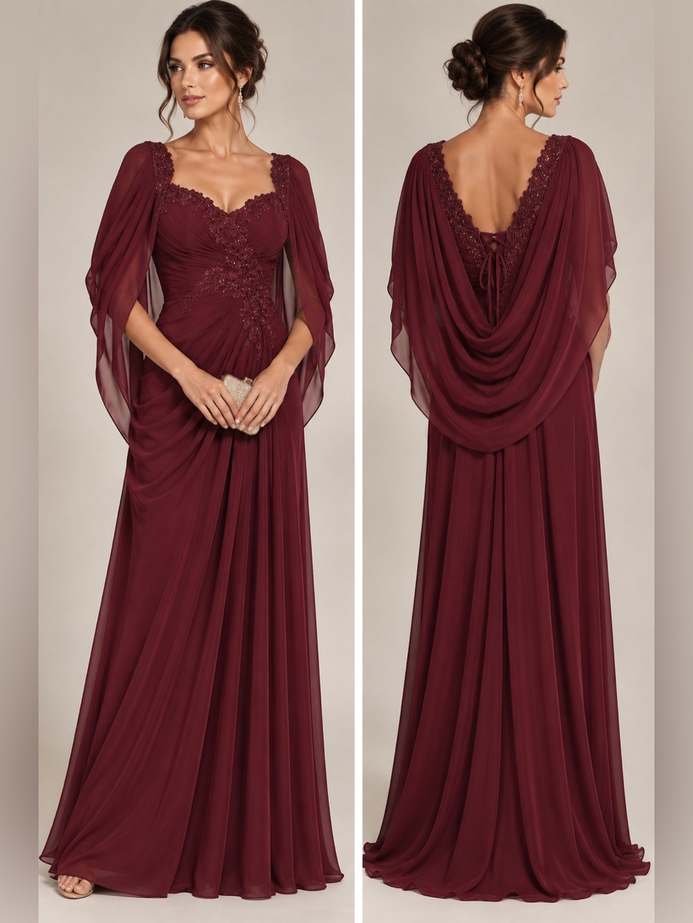 Wear Your Love Burgundy Embellished Cape Sleeve Formal Maxi Dress Size 14
